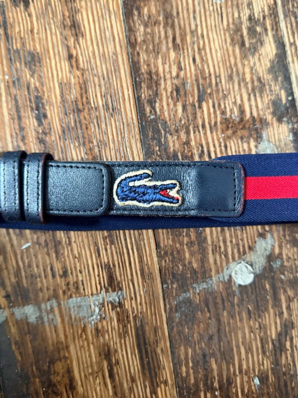 Lacoste Navy and Red Stripe Webbing Belt with Crocodile Patch